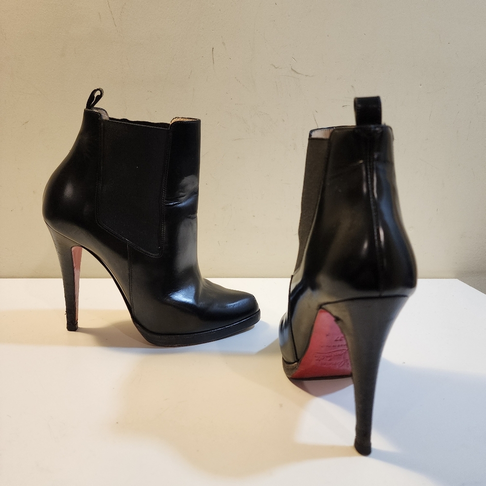 Christian Louboutin Black Leather Ankle Booties with Signature Red Soles